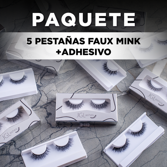 5 pestañas faux mink + adhesivo