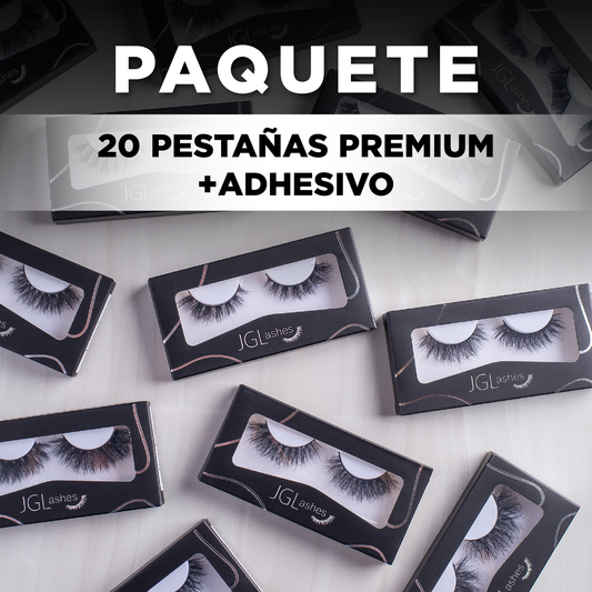 20 pestañas premium + adhesivo